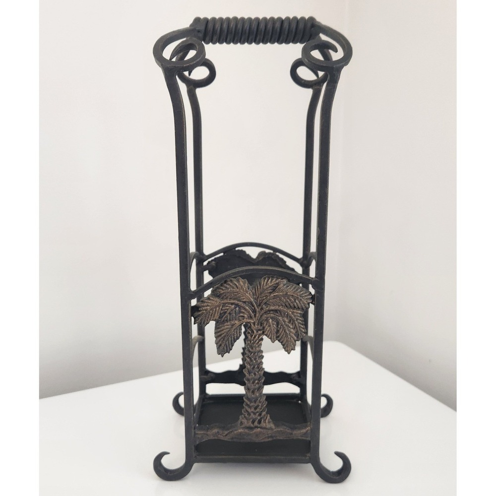 Vintage Tropical‎ Palm Tree Wine Bottle Carrier Cast Iron Holder Caddy Bar Decor
